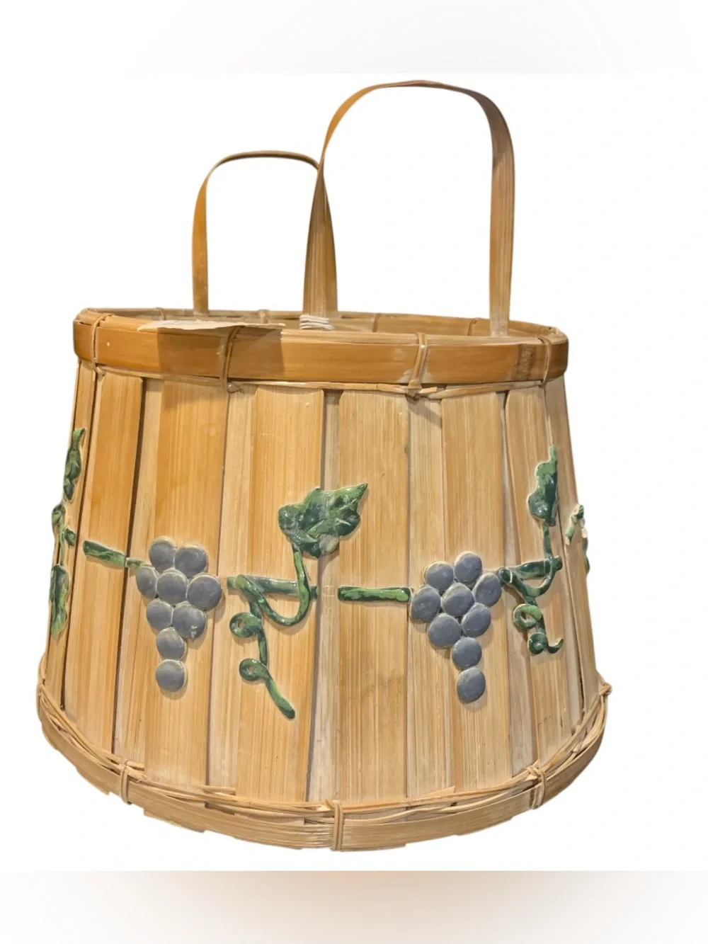 Vintage Bamboo Basket w Raised Gesso Grapevine Double handles Approx 9” T grapes